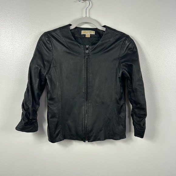 Michael Kors Black Genuine Leather Zip Up Jacket Coat Size 4 - Picture 1 of 7